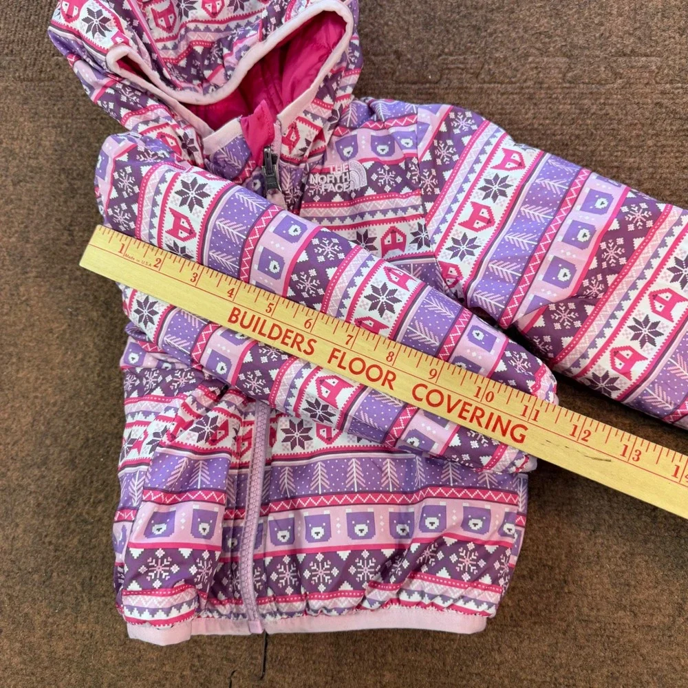 B+ The North Face Kids Purple Pink Fair Isle Fox Bear Puffer Jacket Hooded Coat